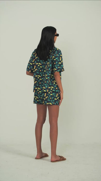 Women's Yellow Cherries Print Oversized Camp Shirt