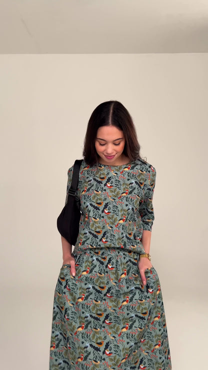 Women's Bird Watching Print Midi Pocket Skirt