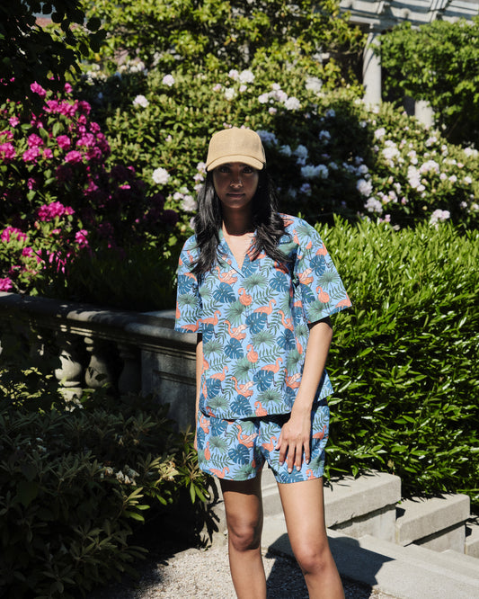 Women's Flamingos Print Oversized Camp Shirt